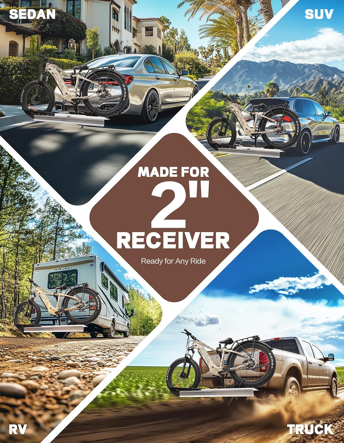 Bicycle Rack Single Ramp for Bikes and E-Bikes, Suitable for Cars, SUVs, Motorhomes, Trailers with 2 Inch Receiver - QUORE