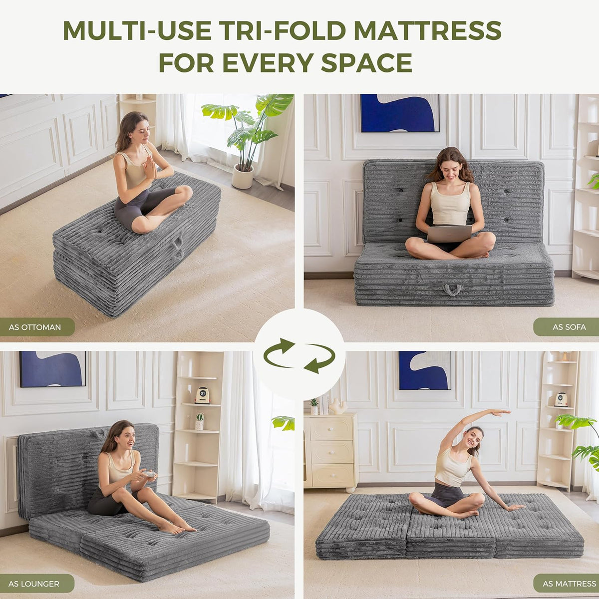 MAXYOYO Opvouwbaar matras 190 * 90 cm, 15 cm gestoffeerd opvouwbaar matras met premium imitatiebont, drievoudig opvouwbare futon slaapbank voor woonkamer/logeerkamer