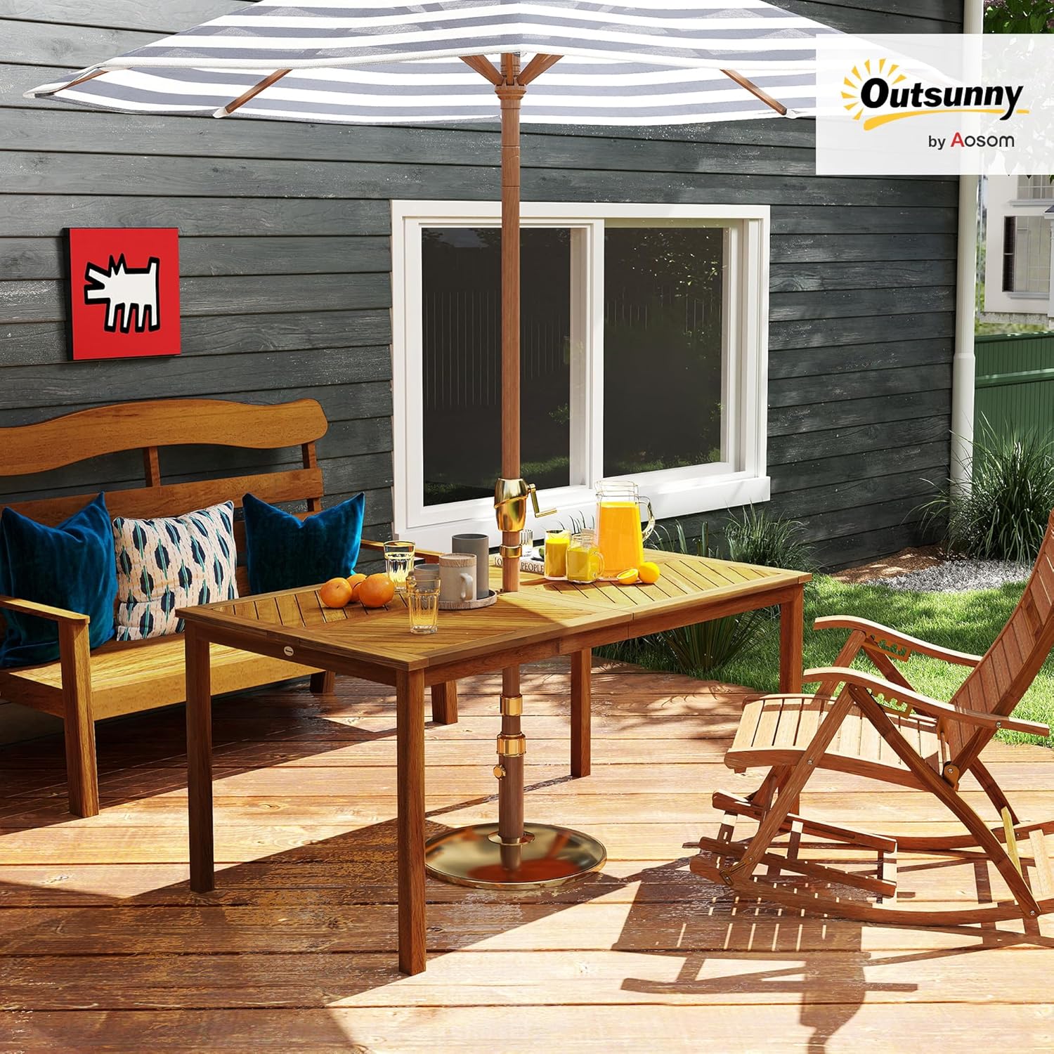 Outsunny Gartentisch klappbar 150x85cm, Wetterfest Balkontisch aus Holz, 6 Persons Klapptisch mit Schirmloch, Lamellendesign Esstisch Outdoor, Beistelltischisch, Terrassentisch für Garten Balcony Teak - QUORE