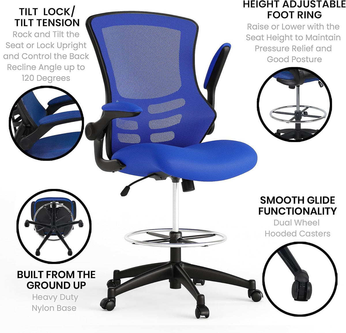 Flash Furniture Tekenstoel met middelhoge rugleuning, ergonomische bureaustoel met opklapbare armleuningen en verstelbare voetring, perfect voor thuiskantoor, blauw