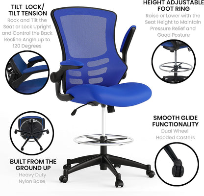 Flash Furniture Tekenstoel met middelhoge rugleuning, ergonomische bureaustoel met opklapbare armleuningen en verstelbare voetring, perfect voor thuiskantoor, blauw