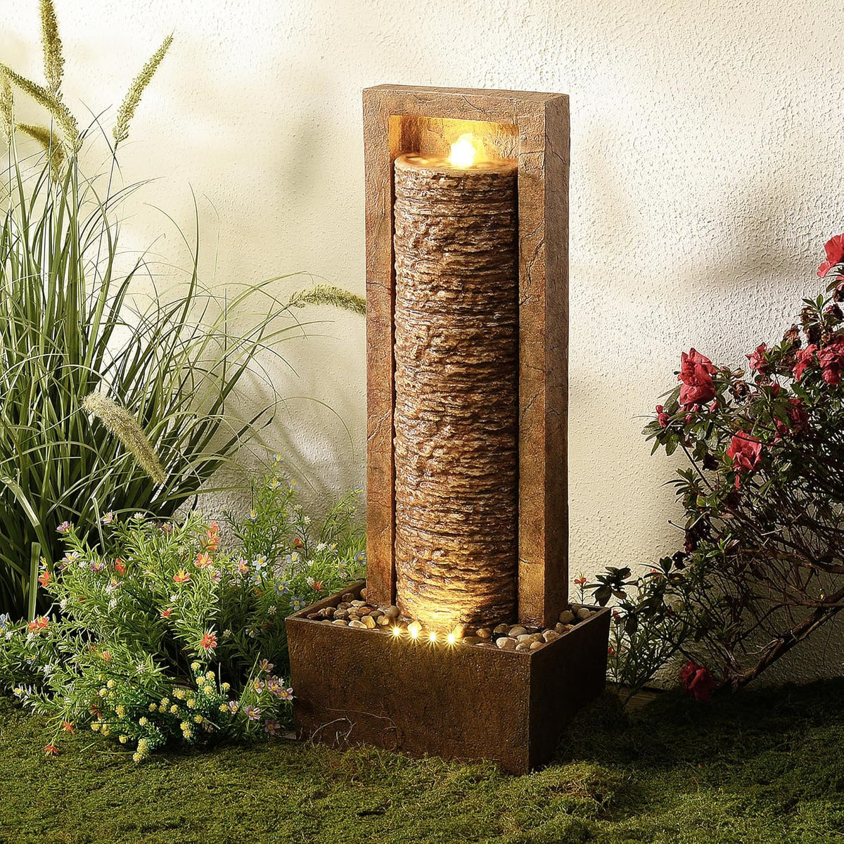 Teamson Home Tuin Buitenfontein Hoge Watervalfontein met Warme LED-verlichting Gelaagd Rotsontwerp Bruin
