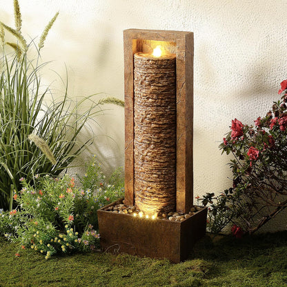 Teamson Home Tuin Buitenfontein Hoge Watervalfontein met Warme LED-verlichting Gelaagd Rotsontwerp Bruin