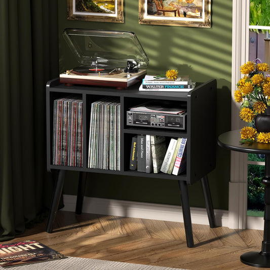 Record Player Table, Mid-Century Record Player Stand with Vinyl Storage for Up to 150+ Albums, Vinyl Record Cabinet with Adjustable Shelves, Black