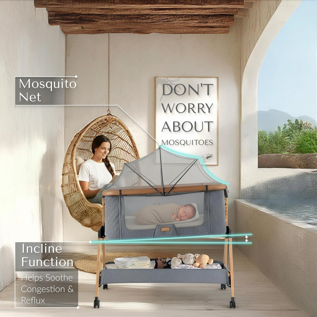 Love For Sleep SnooBee Next To Me Babybed & Babybed – 6 hoogtes, wielen, matras, zijpanelen van ademend mesh met muggennet (0-6 maanden) - grijs/grenen