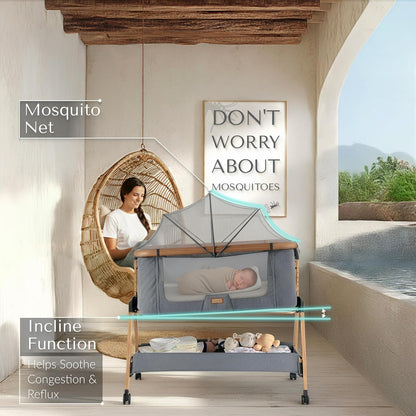 Love For Sleep SnooBee Next To Me Babybed & Babybed – 6 hoogtes, wielen, matras, zijpanelen van ademend mesh met muggennet (0-6 maanden) - grijs/grenen