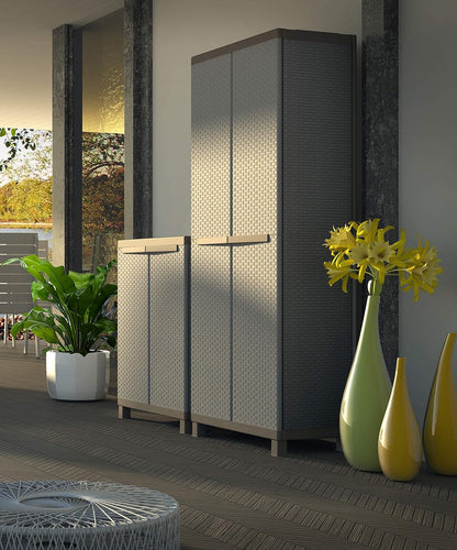 Terry, C-rattan 3680 broom cabinet with two doors in rattan look, vertical divider and 3 shelves, for indoor and outdoor use, 68 x 39 x 170 cm - QUORE