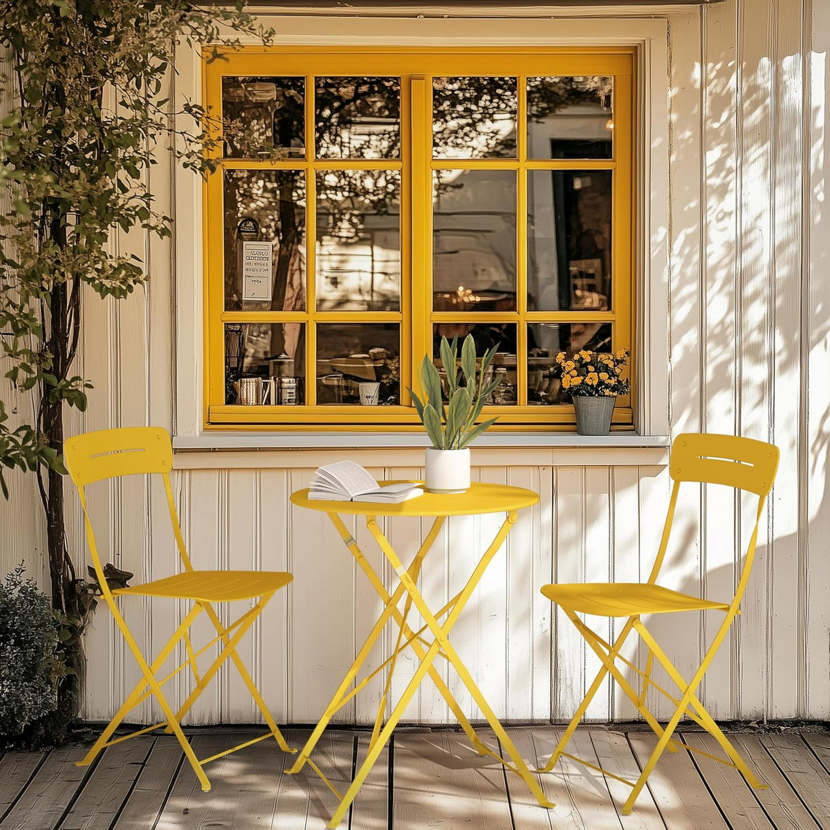 Grand patio Bistrotafel met 2 stoelen, balkonmeubelset, 3-delig, terrasmeubels, weerbestendig, bistroset, balkon, tuin, meubelset voor klein balkon (geel)