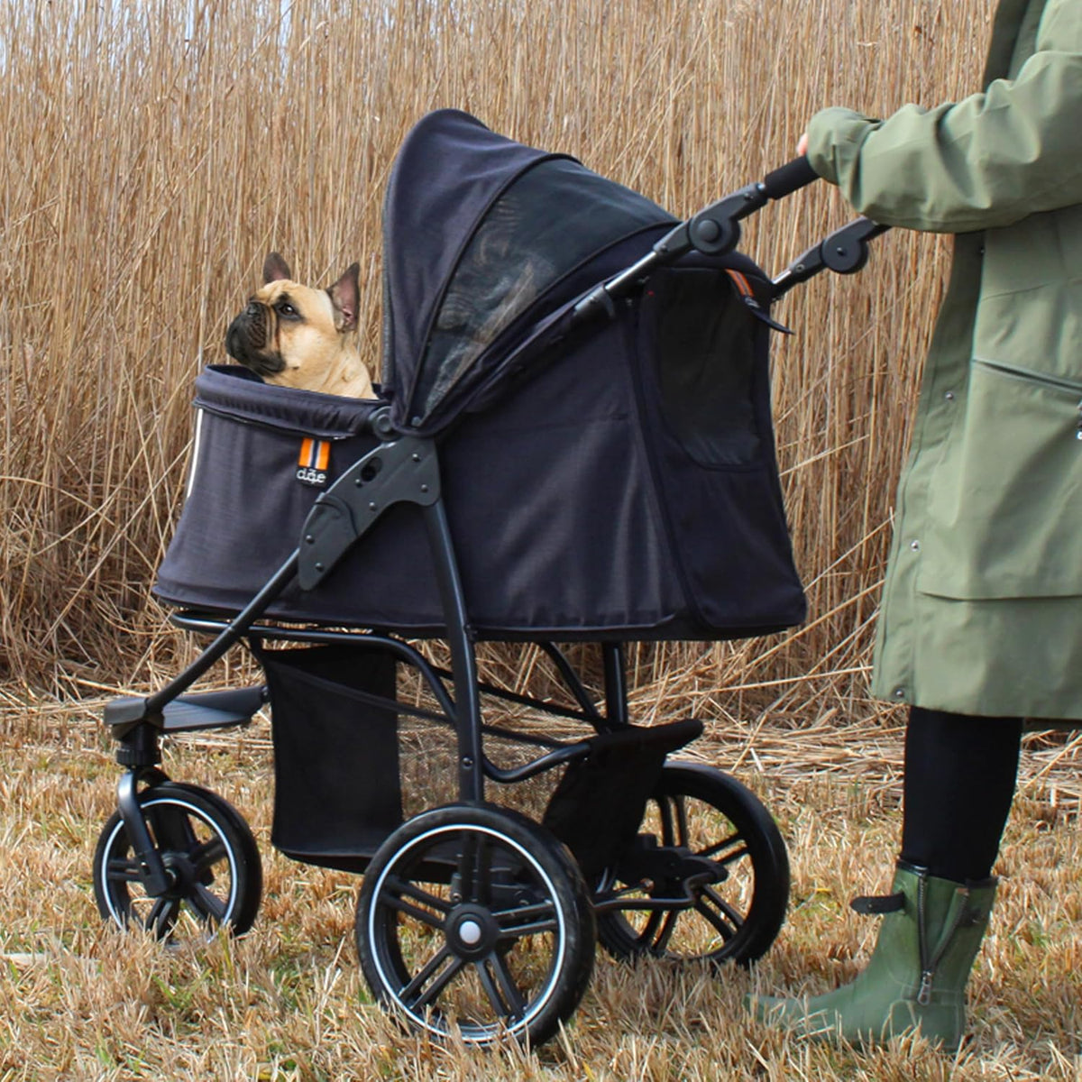 COOPER Hondenwagen en huisdierbuggy tot 32 kg, met opbergmand voor boodschappen, eenvoudig opvouwbaar, 3-voudig in hoogte verstelbaar, reflecterend en modern design, grijs