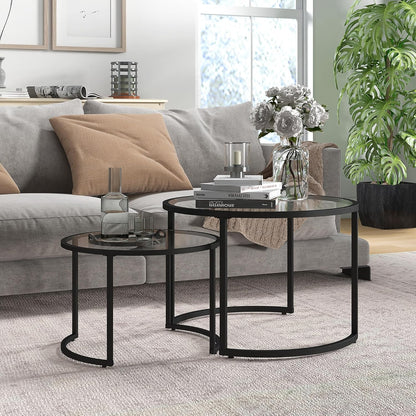 HOMCOM Coffee Table Set of 2, Side Table with Black Steel Frame, Coffee Table with Glass Tabletop, Partially Stackable, for Living Room, Bedroom - QUORE
