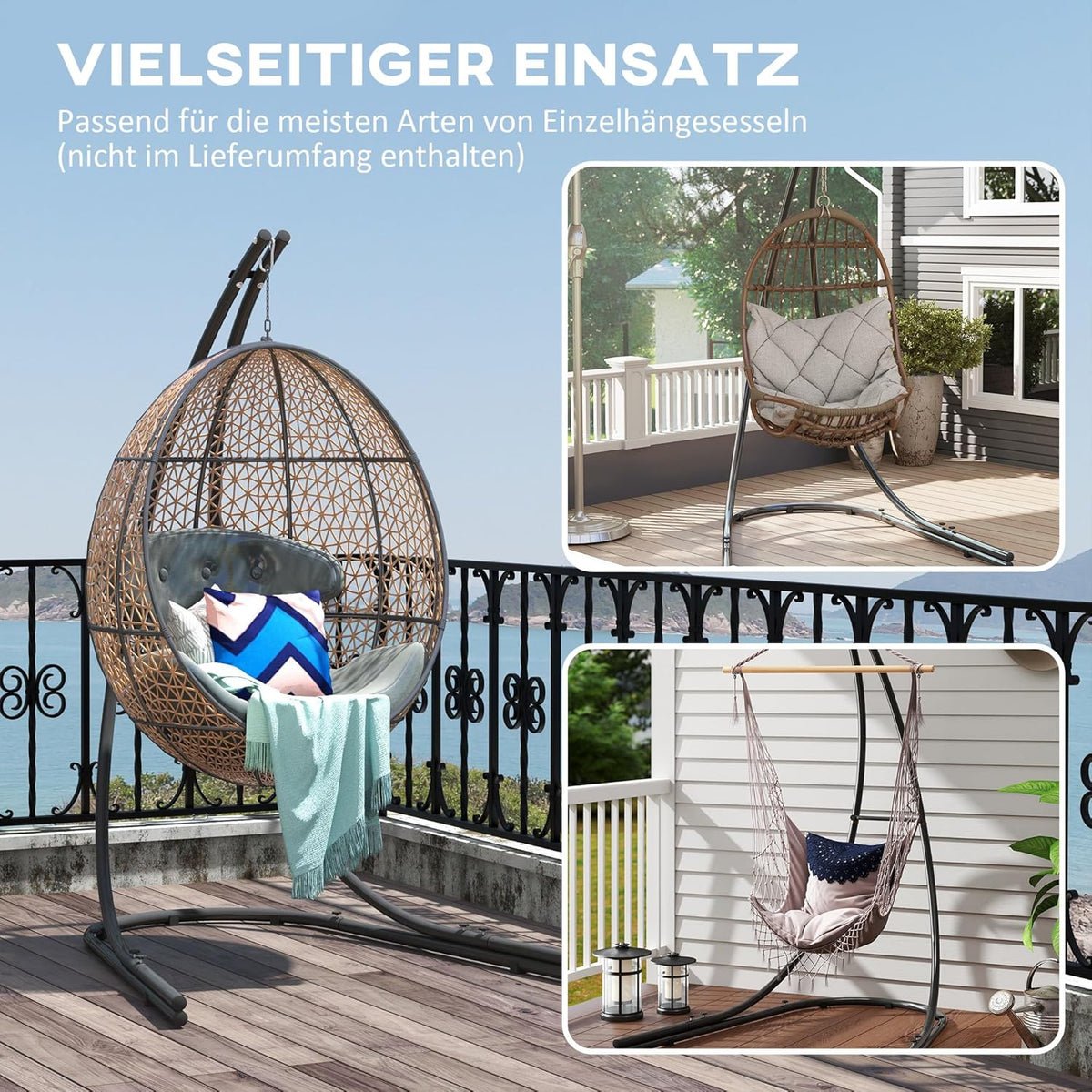 Outsunny Gestell für Hängesessel in C-Form Metall Ständer mit Sockel für Hängesitz Hängestuhl, Hängeschaukel Hängemattengestell bis 150 kg, Hängestuhlgestell für Indoor Outdoor Balcony, Terrasse - QUORE