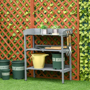 Oppottafel - Tuinwerktafel - Plantentafel -Tuinwerkbankje - met Metalen Haken - Schuiflade - 2 Niveaus - Bloementafel - voor Tuin - Sparrenhout -76 x 37 x 89 cm - Grijs