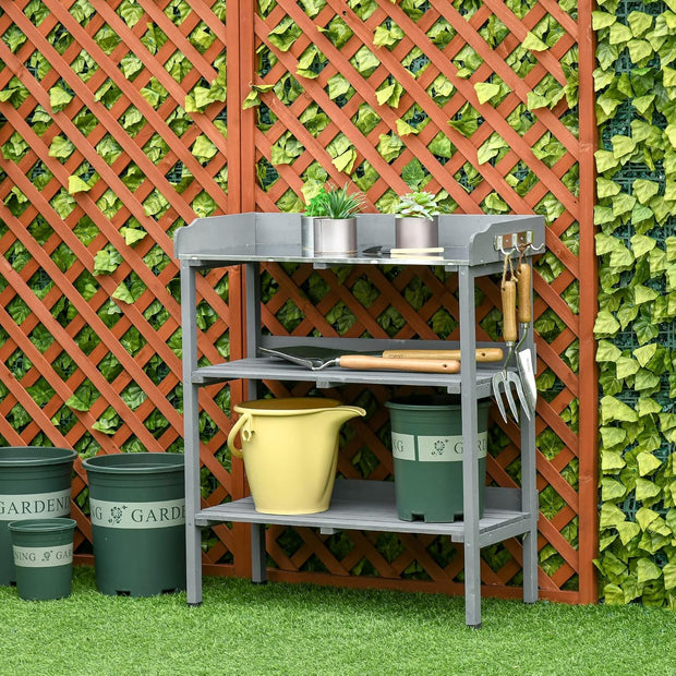 Oppottafel - Tuinwerktafel - Plantentafel -Tuinwerkbankje - met Metalen Haken - Schuiflade - 2 Niveaus - Bloementafel - voor Tuin - Sparrenhout -76 x 37 x 89 cm - Grijs