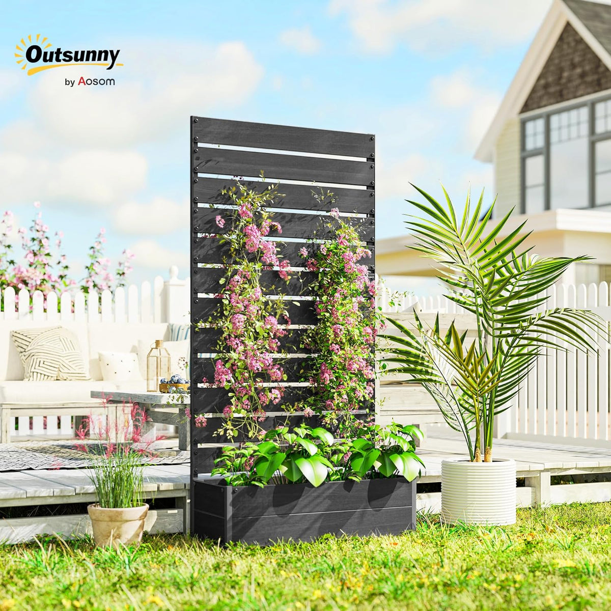 Outsunny Garden Planter with Grid for Climbing Plants Vines Flowers Freestanding Raised Bed for Garden Outdoor Patio Planter with Drainage Crevice Black - QUORE