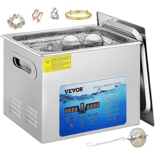 VEVOR 15 l ultrasone reiniger, 35,5 x 32,5 x 28,5 cm, ultrasone wasmachine met deksel en mand, geschikt voor sieraden, brillen, horloges, printplaten, tandapparaten enz.