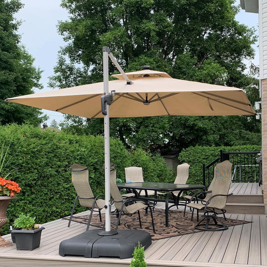 Purple Leaf Parasol met led-verlichting, rechthoekig, 270 x 365 cm, zonnescherm, marktparasol, tuinparasol met zwengel, terrasparasol met zwengel, 360° rotatie, zonwering UV50+, beige