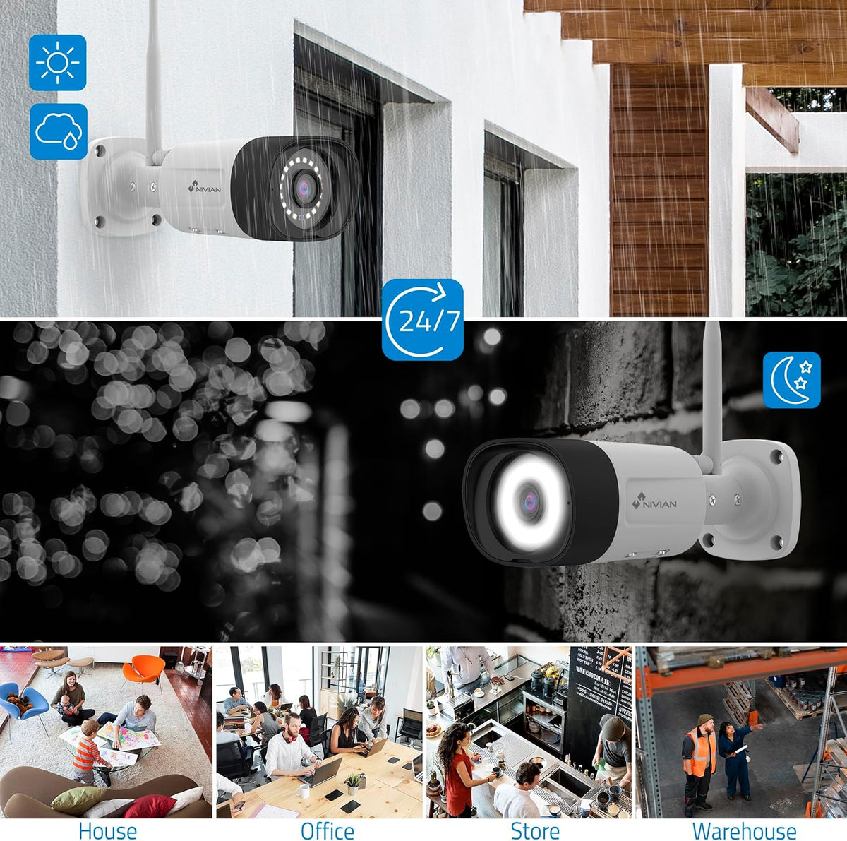NIVIAN Professionele WLAN-bewakingscameraset, SuperHD met 8 IP-camera's en recorder met harde schijf, 16 kanalen, voor thuis en bedrijf, nachtzicht, menselijke detectie IA, bidirectionele audio