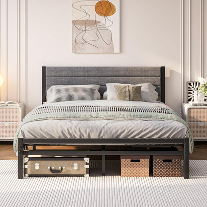 Bed 140x200 met lattenbodem, metalen bedframe uit metaal, gestoffeerd bed 140x200 cm tweepersoonsbed, bedframe met hoofdbord, gastenbed Geen boxspringbed vereist, eenvoudige montage, grijs