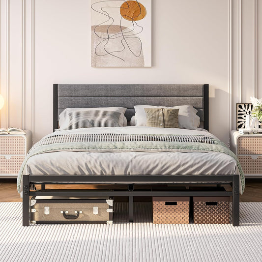 Bed 140x200 met lattenbodem, metalen bedframe uit metaal, gestoffeerd bed 140x200 cm tweepersoonsbed, bedframe met hoofdbord, gastenbed Geen boxspringbed vereist, eenvoudige montage, grijs