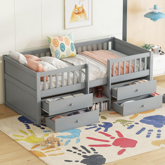 Children's Bed with Drawers, Slatted Frame, Storage and Fall Protection, Teenage Bed, Single Bed, Wooden Pine Bed (Grey, 90 x 200 cm) - QUORE