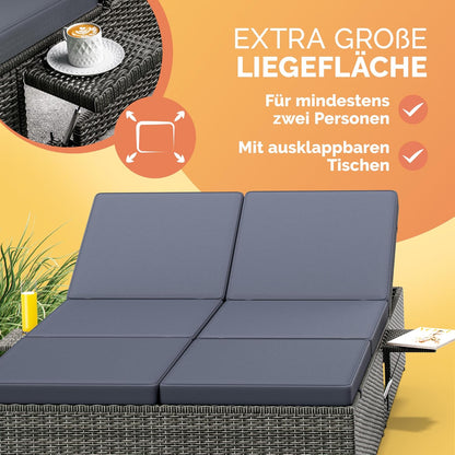 CASARIA® Double Lounger Polyrattan 200x115cm Adjustable Tables Double Lounge Sofa Sun Lounger Garden Grey/Anthracite - QUORE