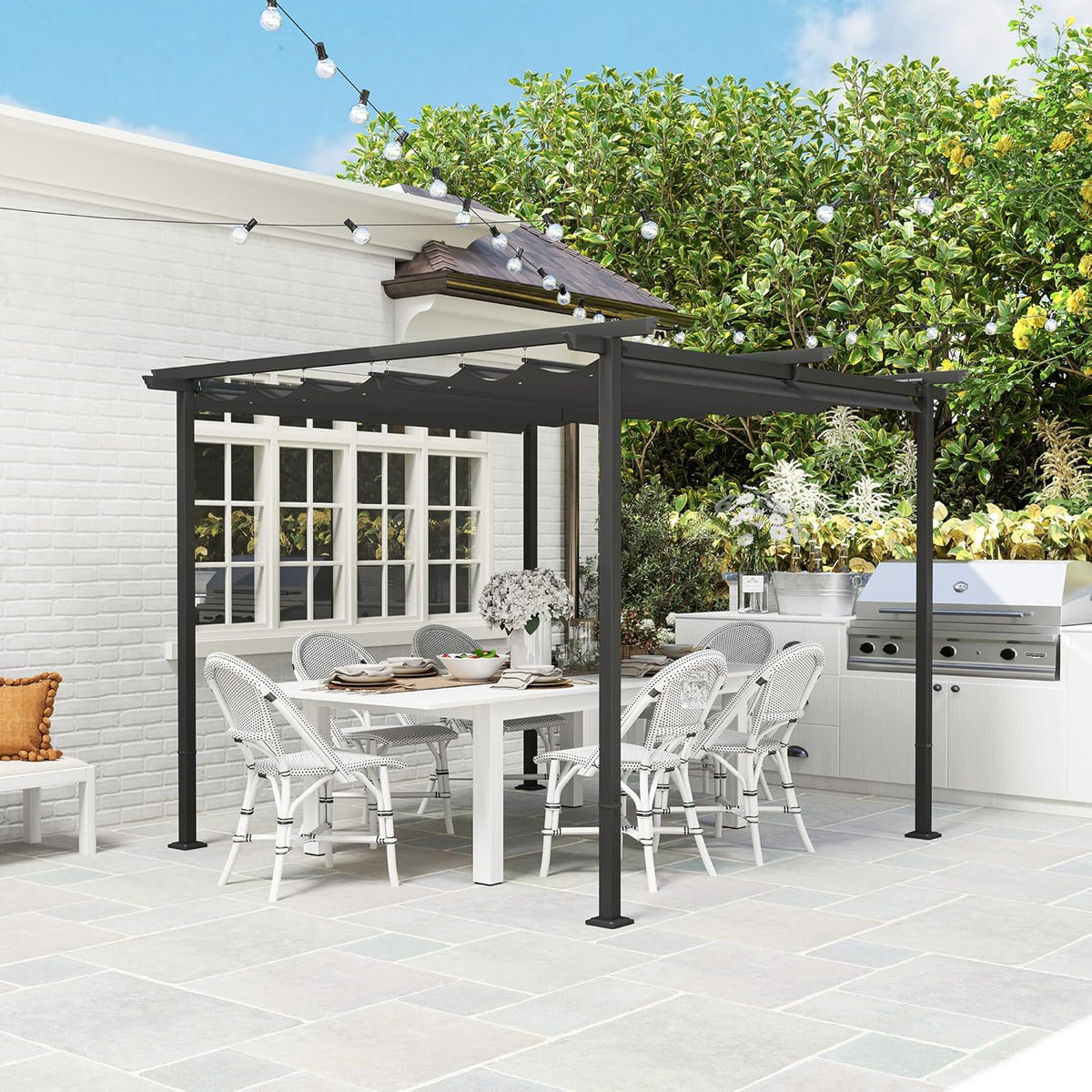 Outsunny Pergola 3x3m Garten Pavillon Terrassendachung aus Metall, Gartenpavillon mit Verstellbares Dach, UV Schutz 30+ Freistehender Sonnenschutz für Terrasse und Garten, Dunkelgrau - QUORE