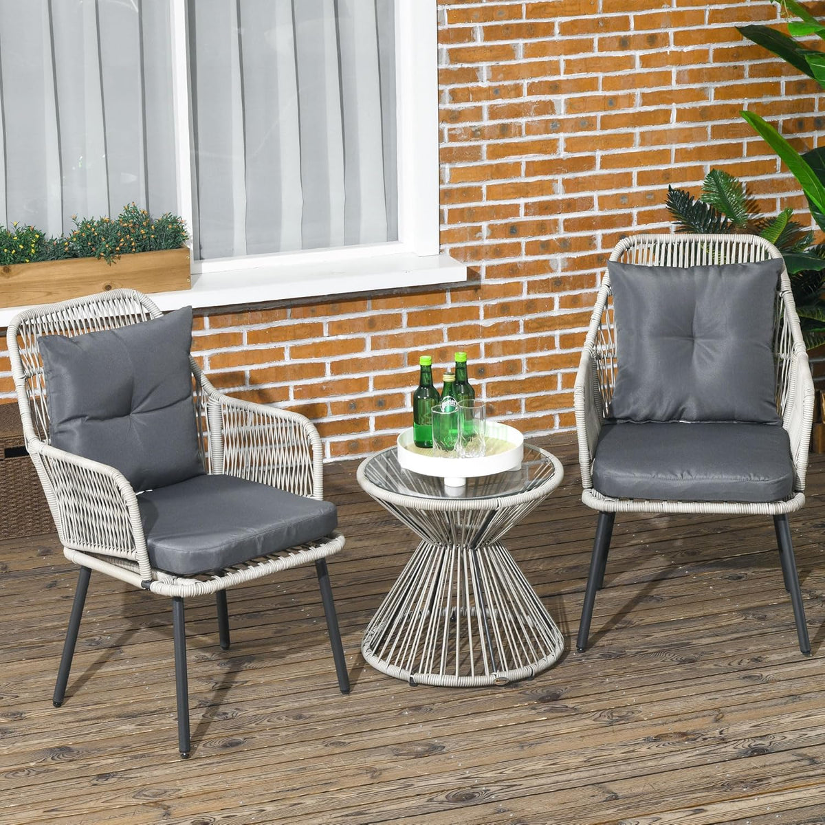 Outsunny Tuinmeubel, bistroset, 3-delig, stalen frame, 2 stoelen + 1 ronde salontafel, kussens, grijs