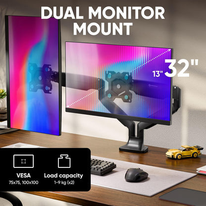 Dubbele monitorhouder Zwart – Monitorarm – Monitorbeugel – Beeldschermhouder – Monitor tafelhouder – Voor 2 schermen 13-32 inch, tot 9 kg per arm – VESA 75x75 & 100x100, Kantelbaar, Zwenkbaar en Draaibaar
