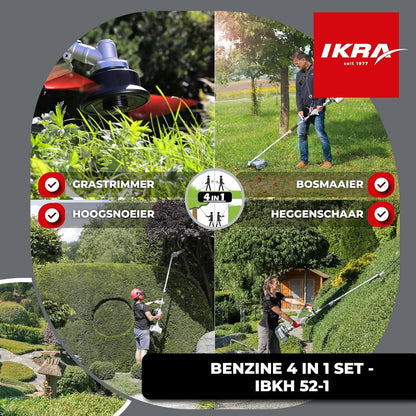 IKRA Benzine multifunctioneel tuingereedschap Multitool IBKH 52-1 4in1: bosmaaier, gazontrimmer, heggenschaar, hoogsnoeier 51,7cm³ 1,5kW