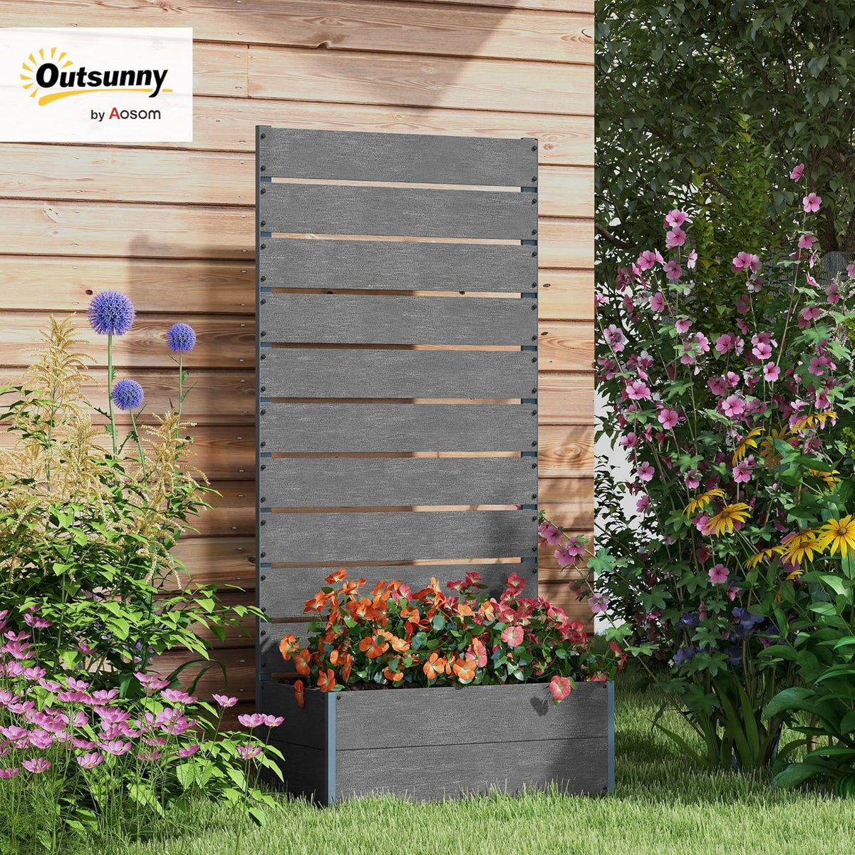 Outsunny Garden Planter with Trellis for Climbing Plants Vine Flowers Freestanding Raised Bed for Garden Outdoor Patio Planter with Drain Grit, 72x38x150cm, Dark Grey - QUORE