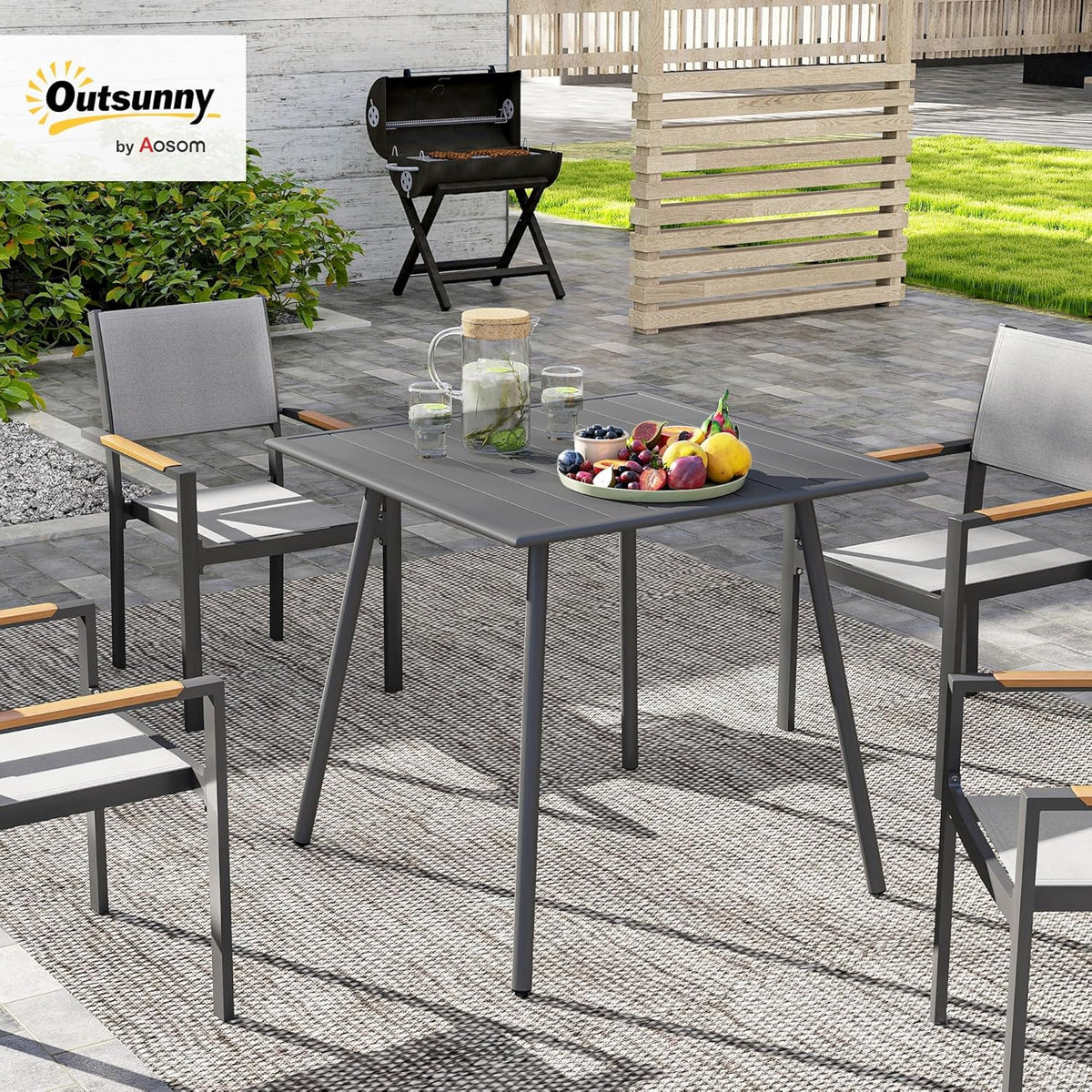 Outsunny Gartentisch Stahl 80 x 80 x 74 cm Wetterfest Buffettisch mit Stahlrahmen, rutschfest Campingtisch 6 Persons Balcony Terrassentisch Outdoor Esstisch für Garten, Terrasse, Balcony, Grau