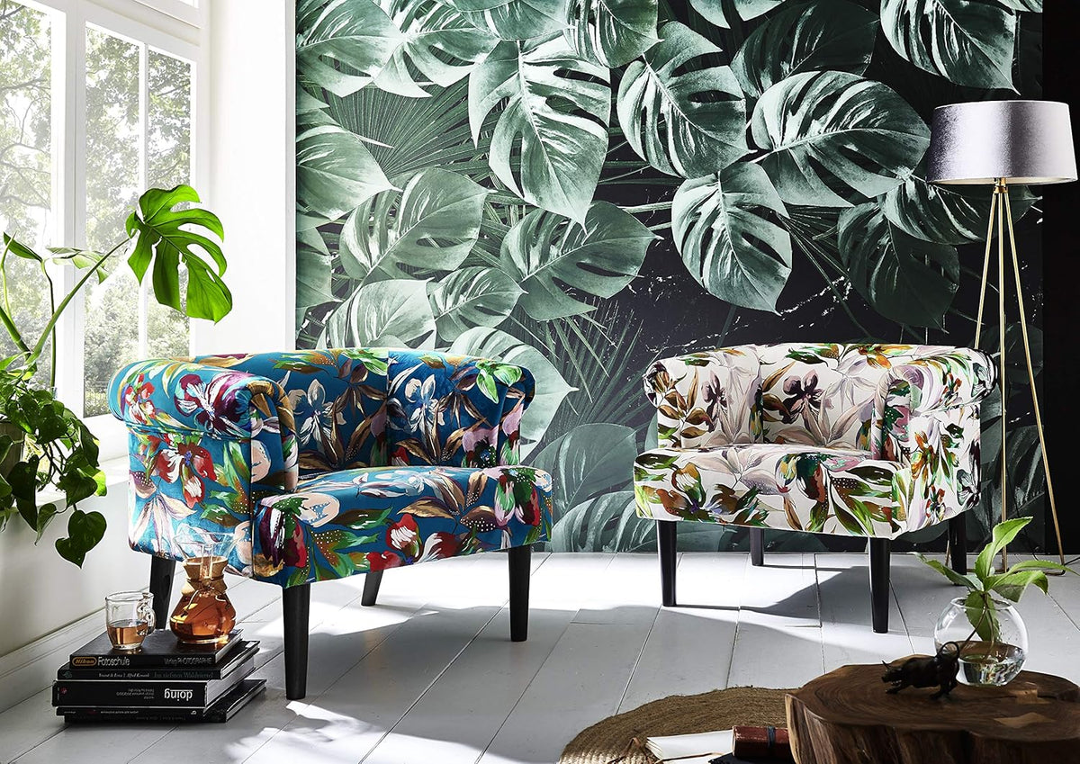 Atlantic Home Collection Charlie Armchair Armchair with Solid Wood Legs Velvet Floral Pattern White 74 x 86 x 70 cm - QUORE