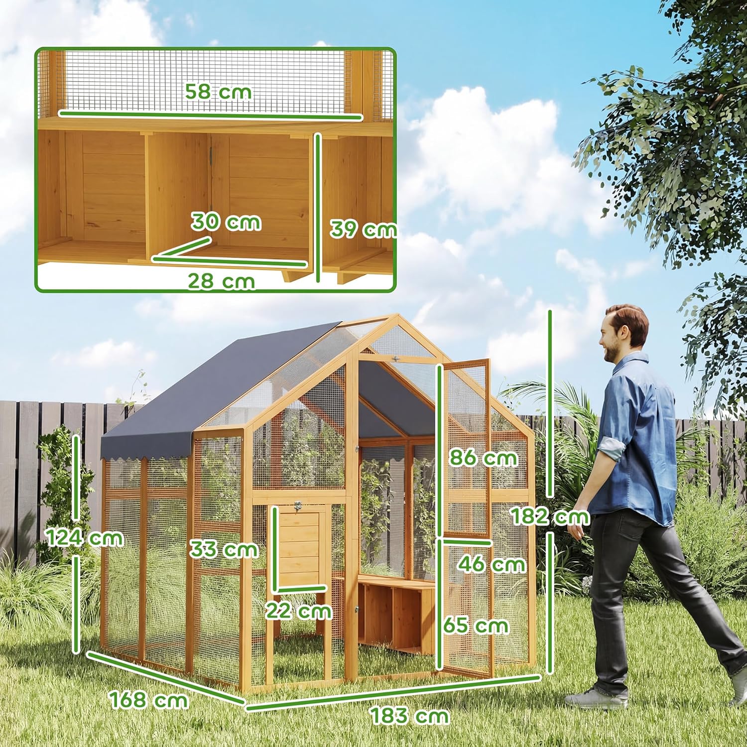 PawHut Chicken Coop 3.07㎡ 1.7 x 1.8 x 1.8m Outdoor Enclosure Wood with Waterproof Cover, Security Lock, Double Door, 2 Laying Nests, 2 Perches, Suitable for 6-8 Chickens, Ducks, Geese, Rabbits - QUORE