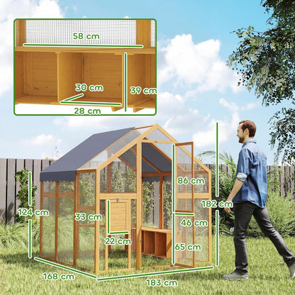 PawHut Chicken Coop 3.07㎡ 1.7 x 1.8 x 1.8m Outdoor Enclosure Wood with Waterproof Cover, Security Lock, Double Door, 2 Laying Nests, 2 Perches, Suitable for 6-8 Chickens, Ducks, Geese, Rabbits - QUORE