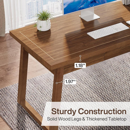 Tribesigns Home Office Executive Desk: 140cm Solid Wood Computer Desk with Drawer, Modern Study Writing Table, Rustic PC Laptop Desk, Workstation Furniture, Walnut Brown