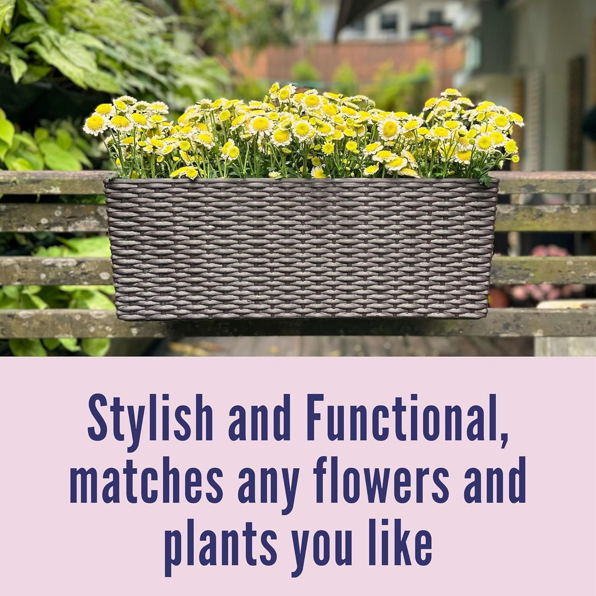 LaLaGreen Outdoor Rail Planter for Balcony (2 Pieces, 50 cm) Large Black Self-Watering Railing Planters with Brackets, Rectangular Plastic Window Flower Box Fence Designer Choice with Rattan Pattern - QUORE