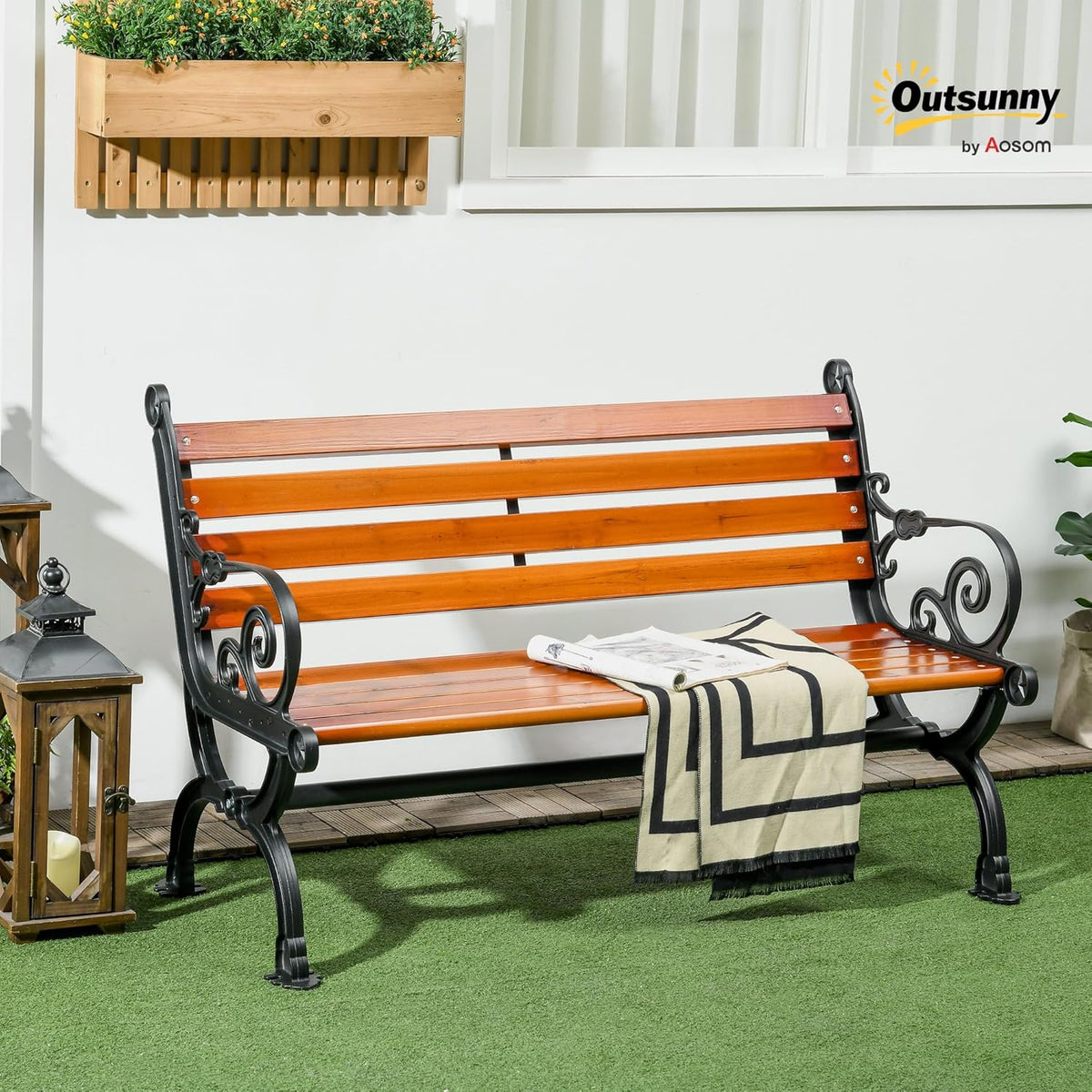 Outsunny Garden Bench Park Bench Double Sofa Balcony Bench with Armrests Garden Balcony Weatherproof Wood 120 x 64 x 79 cm Teak - QUORE