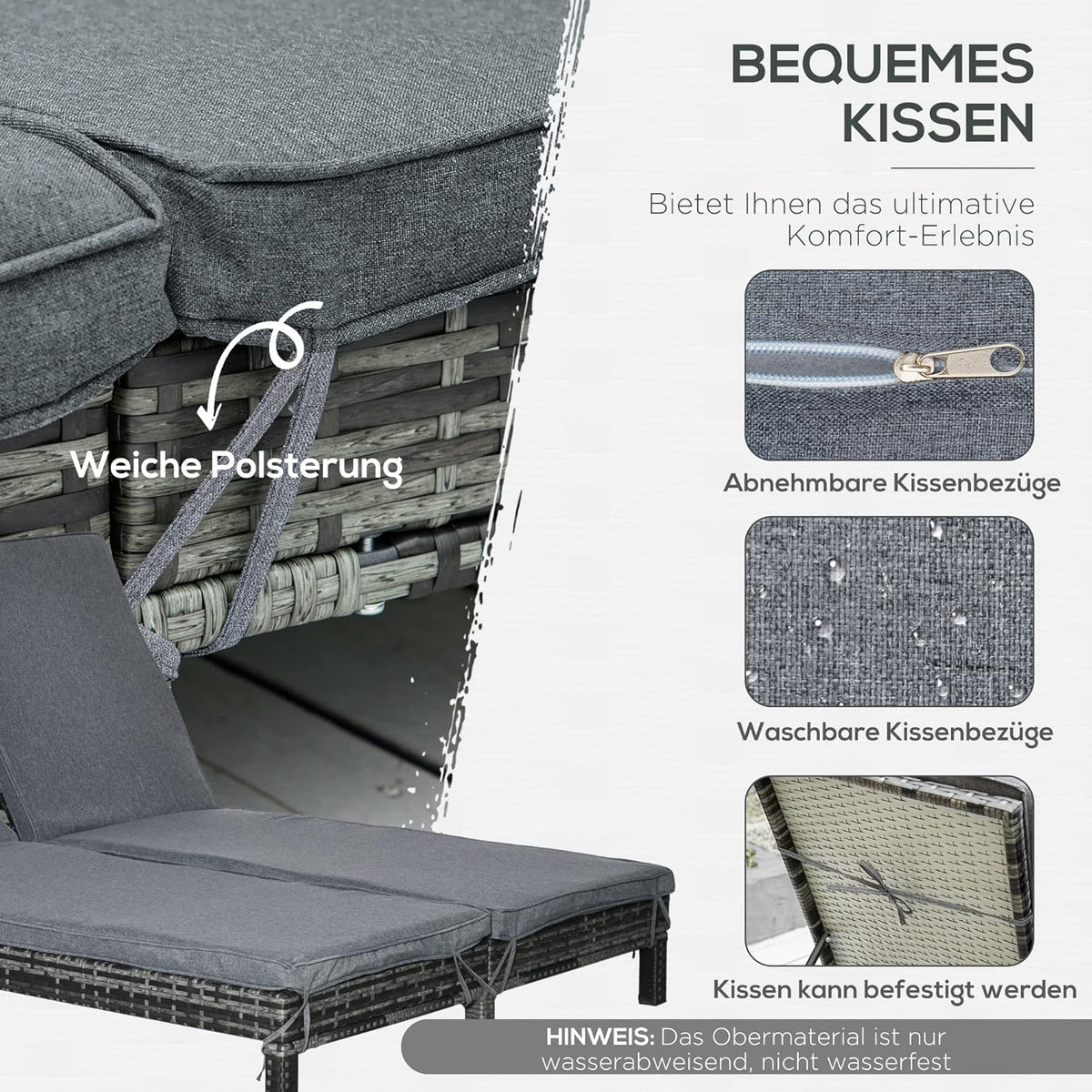 Outsunny Outdoor Lounger, Double Lounger Relax Sofa for 2 Persons, Luxury Lounge Set, Backrest with 5 Positions, Metal, PE Rattan, Grey, 195 x 120 x 28 cm - QUORE