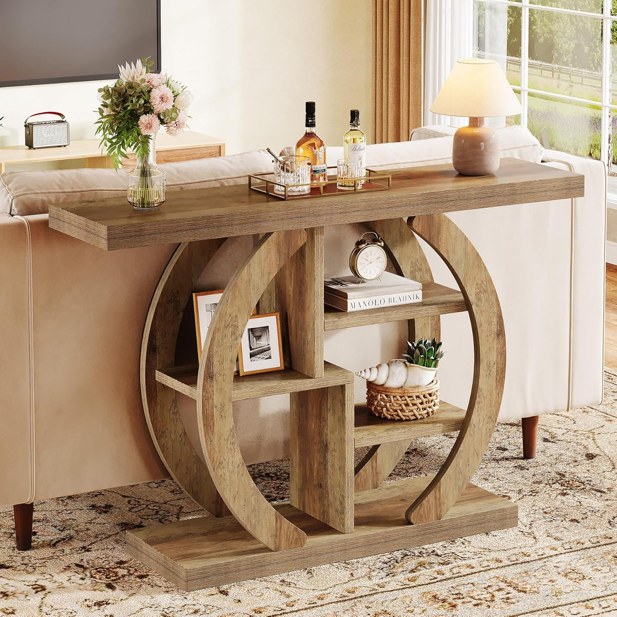 Tribesigns Console Table 108 cm, 4 Step Sofa Table, Entrance Table with Circle Base, Wooden Accent Tables with Storage, Shelves for Living Room, Hallway, Foyer, Light Oak Brown