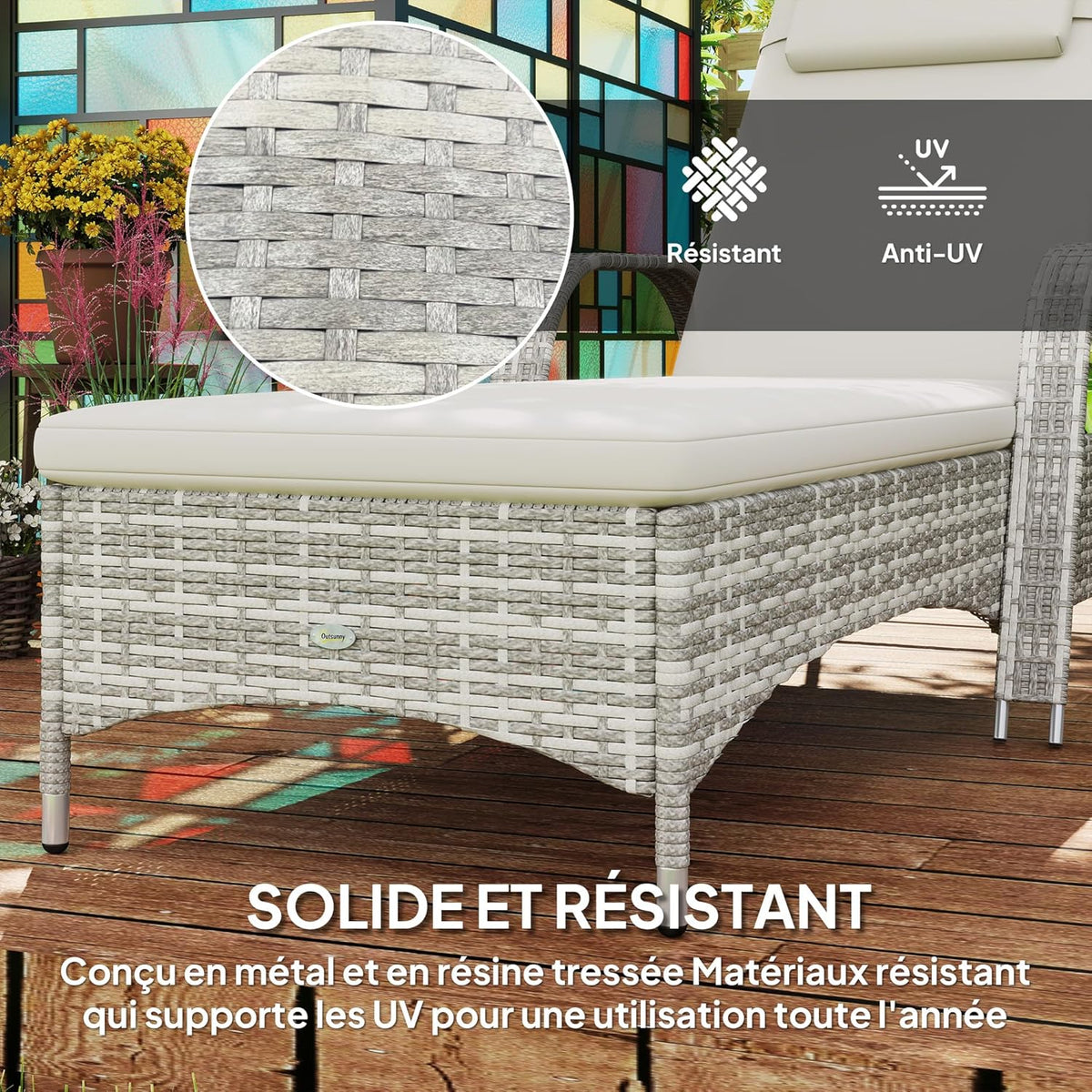 Outsunny Sun lounger lounger for sun lounger, great comfort: mattress, headrest, adjustable inclination, multiple positions, armrests, polyrattan wheels, light grey
