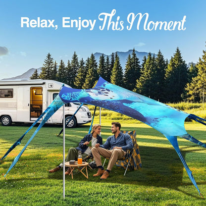 Rhino Valley Beach Tent Sun Shelter, Beach Canopy Tent Sun Shade UPF50+ Protection with 8 Sandbags 4 Stability Poles, Outdoor Beach Shade Canopy Camping, Fishing, 10 * 10FT, Dark Blue Turtle