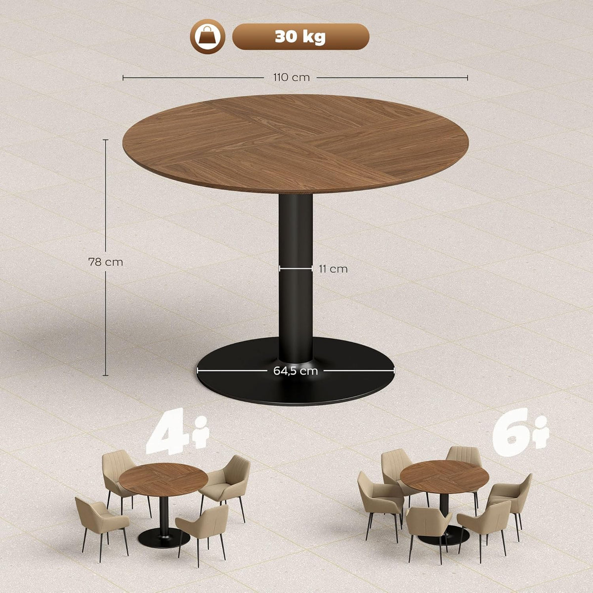 Ronde Eettafel – Keukentafel – Tafel – Eetkamertafel – Ontbijttafel – Ø110 cm – Houtnerf Tafelblad – Stalen Frame