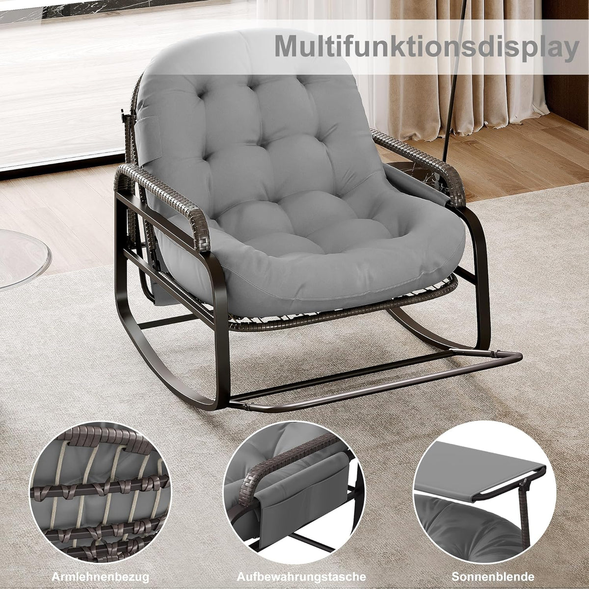 Schommelstoel – Rattan Stoel – Schommelstoel Buiten – Relaxstoel – Ligstoel – Verstelbare Rugleuning – Zonneklep – Draagkracht 300 kg – Grijs