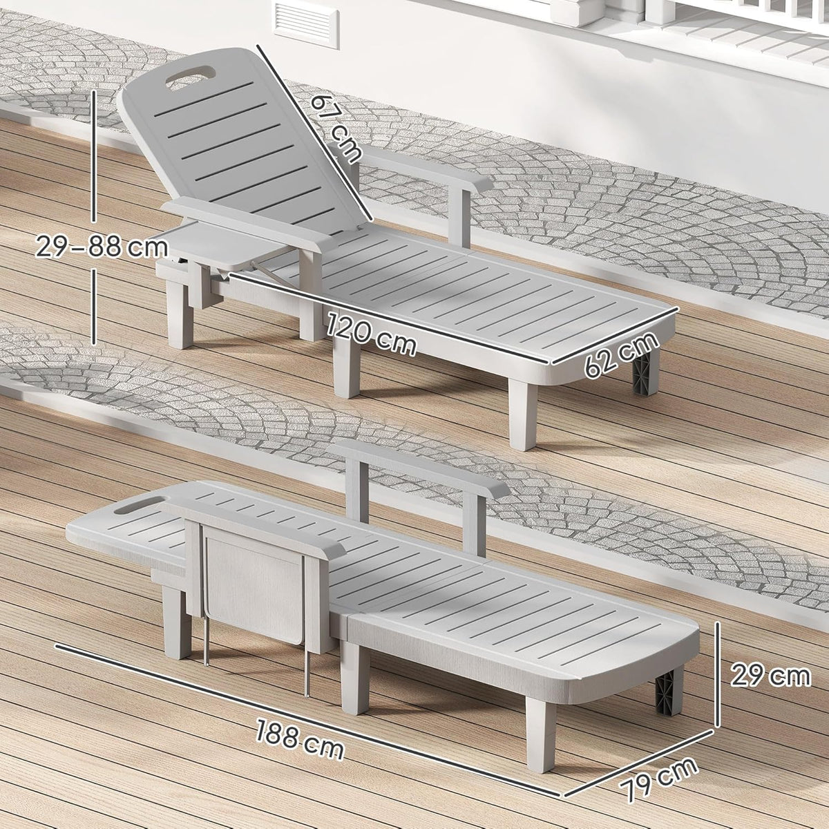 Outsunny Sonnenliege Gartenliege mit Seitentisch Holzoptik Liegestuhl mit 5-Fach verstellbare Rückenlehne, wetterfeste Campingliege, Gartenstuhl bis 120 kg load, für Garten Outdoor Strand, Hellgrau