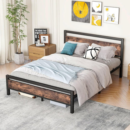 Bedframe 160x200 van metaal en hout, metalen bed met lattenbodem, logeerbed, tienerbed, tweepersoonsbed 160x200 cm met hoofdeinde, metaal bed, bruin en zwart