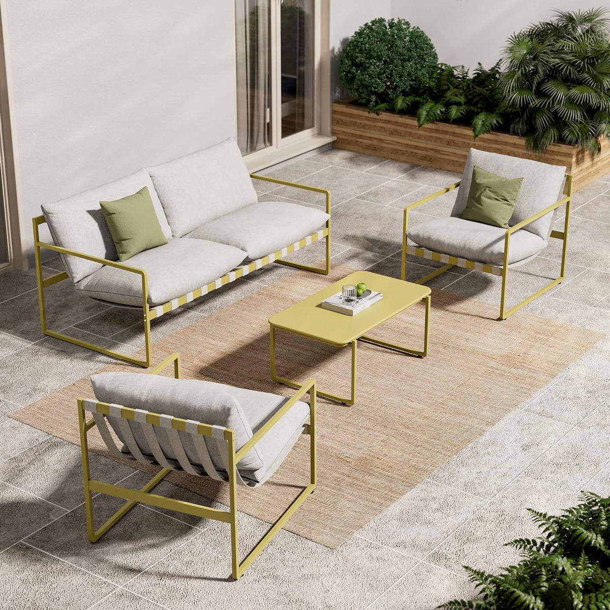 Grand patio Tuinmeubelen, set van 4, balkonmeubelset voor 4 personen met kussens, loungemeubels, voor buiten, met tuinbank, 2 stoelen, tafel, terrasmeubel, zitgroep, loungemeubels voor tuin, buiten