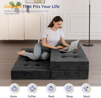 MAXYOYO Opvouwbare Matras Eenpersoons, 15 cm Comfortabele Opvouwbare Matras Met Chenille-Stof, Driekwijd Vloer Futon Bank Bed Voor Gast, Vouwmatras Topper Voor Camping, Grijs, Enkel