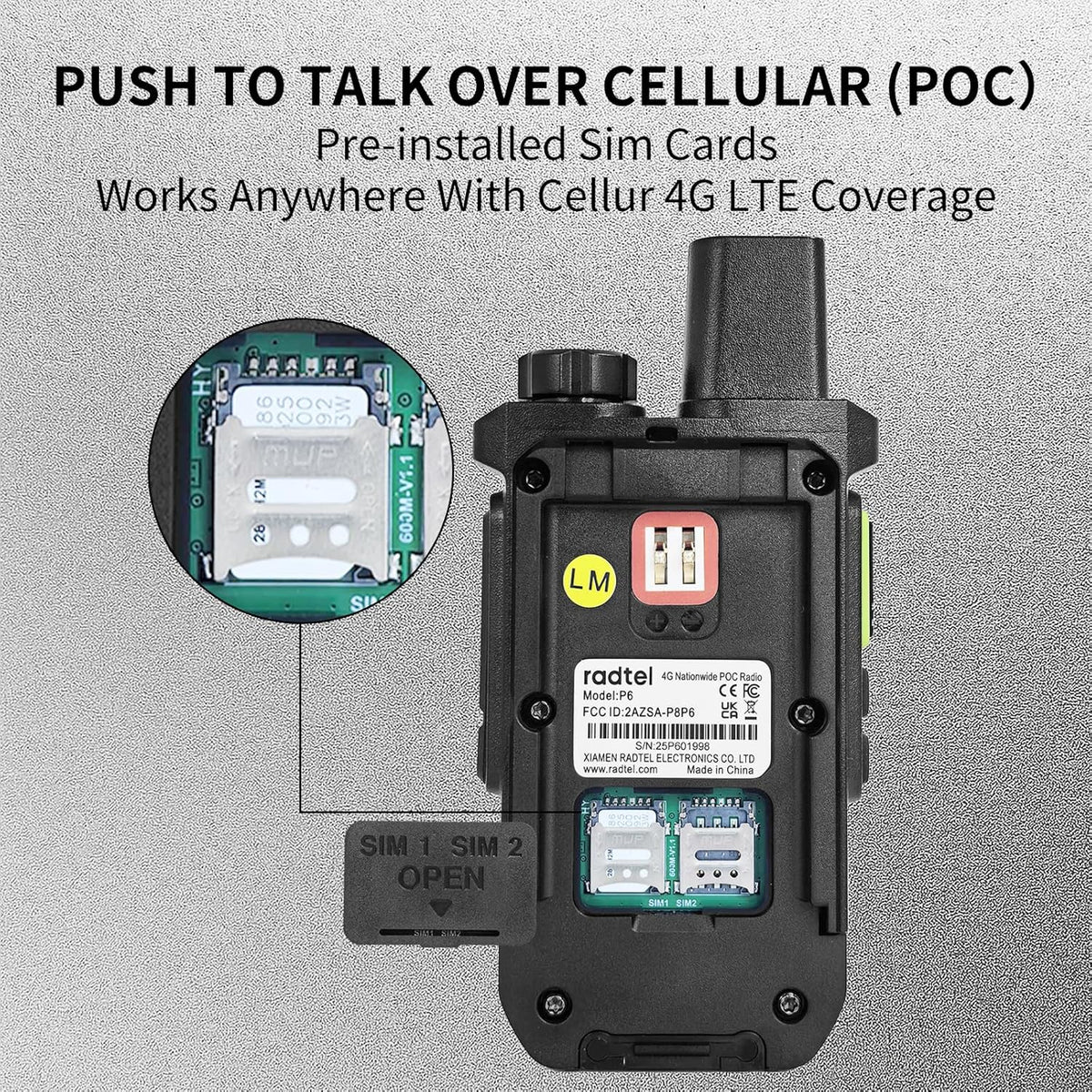 Radtel P6 PoC-radio (Push-to-Talk over Cellular), onbeperkt bereik in het hele land, draagbare portofoons, oplaadbare portofoons (2 stuks met 2 simkaarten)