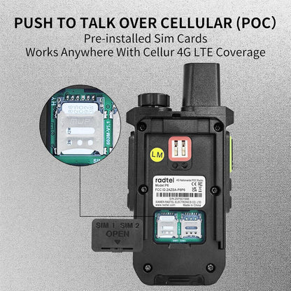 Radtel P6 PoC-radio (Push-to-Talk over Cellular), onbeperkt bereik in het hele land, draagbare portofoons, oplaadbare portofoons (2 stuks met 2 simkaarten)