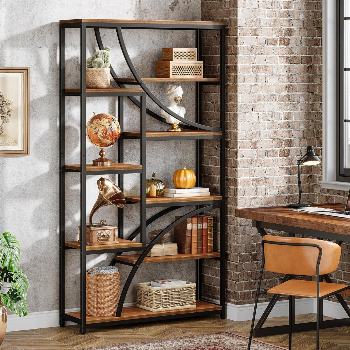 Tribesigns Bookcase, 180 cm, 9 Tier Shelf, Large Geometric Bookcase with Open Compartments, Free Standing Wood and Metal Shelf for Living Room, Industrial Design, Brown and Black